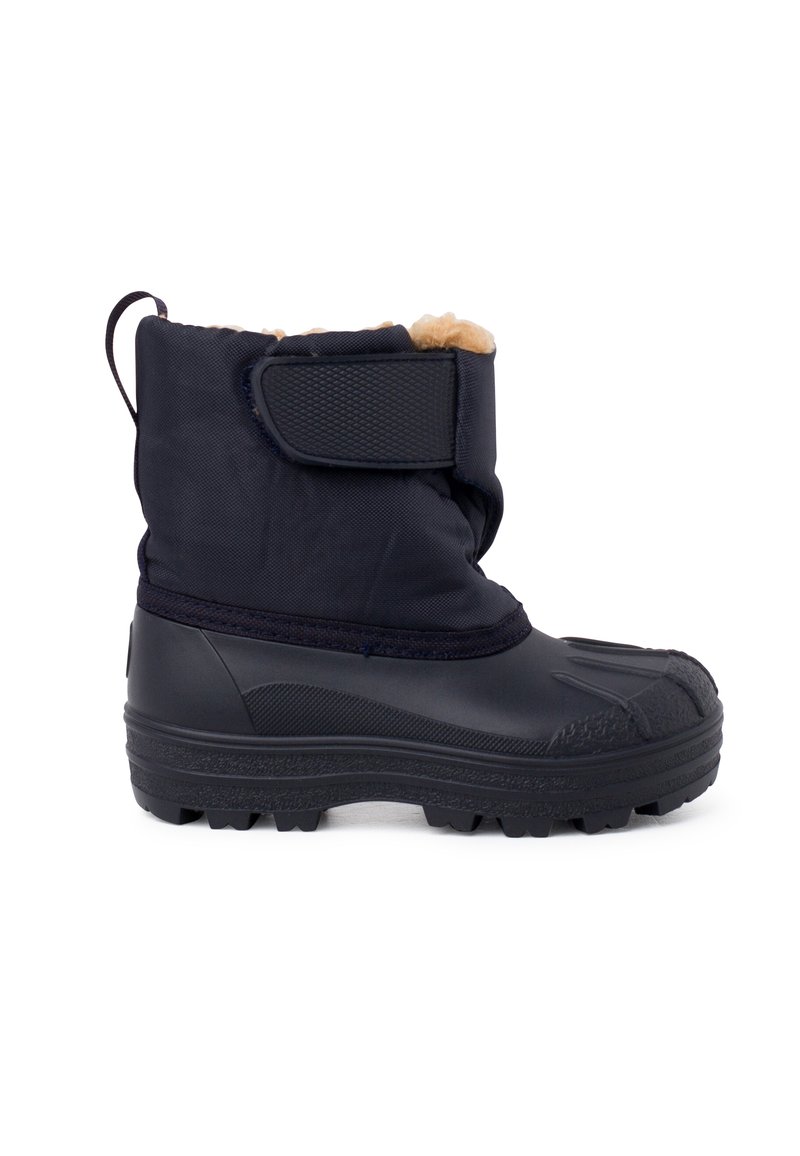 Stivale da neve impermeabile navy con suola in gomma, fodera in pile e cinturino in Velcro. Presenta una parte superiore testurizzata e un'aderenza robusta per una migliore presa.