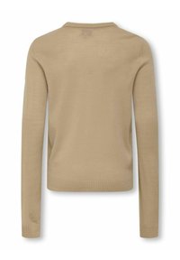 Beige gestrickter Pullover mit langen Ärmeln, rundem Halsauschnitt und geripptem Saum. Glatte Textur, minimale Nähte und lässige Passform.