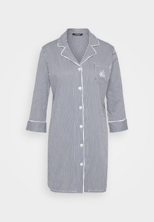 Cotton sleep shirt with navy and white vertical stripes, notched collar, button front, three-quarter sleeves, and a pocket featuring embroidered detail.