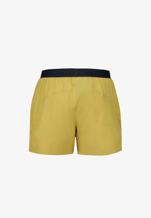 Men's athletic shorts, made of lightweight yellow fabric, featuring a navy elastic waistband, side pockets, and perforated pattern accents.