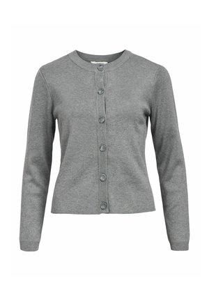 Grå cardigan med långa ärmar, rund halsringning och knäppning fram. Har ribbade cuffs och nederkant med sex matchande knappar. Mjuk textur.
