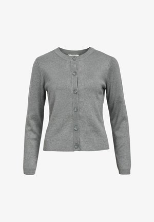 Szary sweter z długimi rękawami, okrągłym dekoltem i zapięciem na guziki. Posiada prążkowane mankiety i dół oraz sześć pasujących guzików. Miękka tekstura.