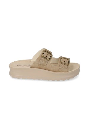 Sandalo beige modello slide con due cinturini regolabili con fibbia e suola spessa ondulata, progettato per comfort e uso casual.