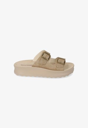 Sandalo beige modello slide con due cinturini regolabili con fibbia e suola spessa ondulata, progettato per comfort e uso casual.
