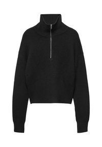 Pull en maille noir cropped avec col haut et fermeture éclair mi-haut. Il présente une texture côtelée et des manches longues. Aucun motif ni accent visible.