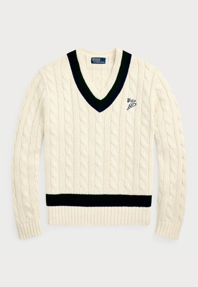 Kunaõmbluscreem värvi sviiter V-kaelusega, millel on rohelised ja tumesinised triibud krae ja vöökoht. Väike tikitud logo rinnal.