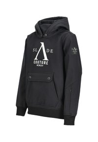 Felpa nera con cappuccio realizzata in tessuto texturizzato, dotata di una tasca frontale, stampa bianca del logo e polsini e orlo a costine.