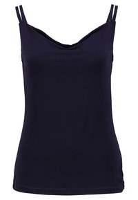 Top in tessuto navy con scollo a barchetta, spalline sottili e silhouette aderente. Realizzato in materiale liscio e elastico senza modelli visibili.