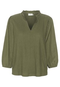 Olivgrüne, strukturierte Bluse mit einem Rüschenausschnitt, dreiviertellangen Puffärmeln und einer V-förmigen Vorderöffnung.