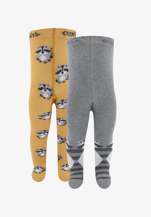 Two pairs of children's tights: one yellow with raccoon patterns, and one gray with stripes and a raccoon design on the feet.