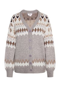 Cardigan con bottoni e scollatura a V, caratterizzato da motivi a diamante e zigzag nelle tonalità beige, marrone, bianco e grigio.