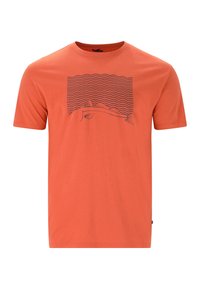 Kortärmad orange t-shirt i bomull, med ett svart vågmönster och en fiskillustration i mitten. Rund halsringning.