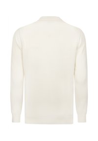 Cremfarbener Pullover mit leichtem Strickmuster, langen Ärmeln, rundem Ausschnitt und gerippten Bündchen sowie Saum. Rückansicht gezeigt.