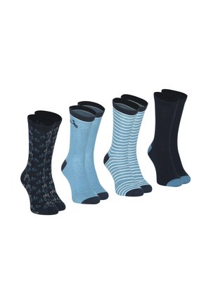 Quatre paires de chaussettes : une noire avec un motif de bicyclettes, deux bleu clair (une unie, une rayée), et une bleue foncée unie, toutes avec des bords contrastés.
