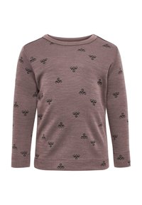 Bluzka z długim rękawem w kolorze mauve z czarnymi wzorami pszczół równomiernie rozproszonymi na materiale.
