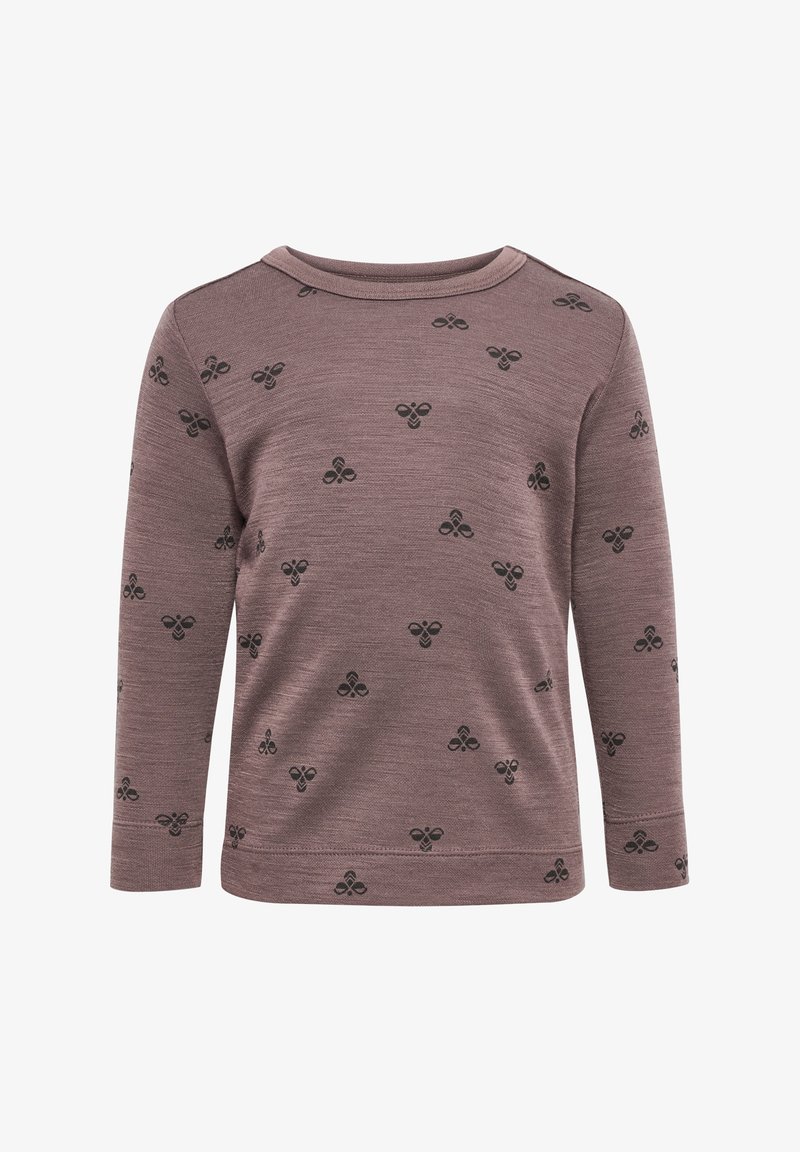 Long-sleeve mauve shirt with black bee patterns evenly scattered across the fabric.