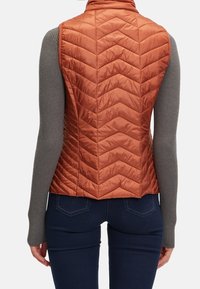 Osoba w bezrękawnik o rdzawej pomarańczowej kolorze, pikowany, nosząca szary sweter z długim rękawem w prążki i ciemnoniebieskie dżinsy, widoczna od tyłu.