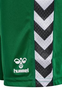 Gröna sportshorts i lätt material med svart och vit chevronmönster på sidorna och en vit logotyp vid fållen.