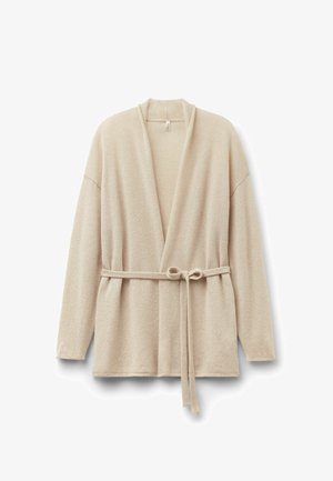 Beżowy kardigan w formie otwartego płaszcza wykonany z miękkiego materiału, z wiązanym paskiem w talii, otwartym przodem i wydłużonymi rękawami z subtelnymi detalami szycia.