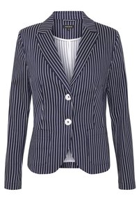 Blazer rayé bleu marine avec des rayures verticales blanches, deux poches avant, deux boutons et un revers cranté. Finition en tissu texturé.