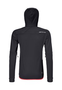 Black hooded jacket with long sleeves, a small zipper pull on each sleeve, red trim at the hem, and "ORTOVOX" logo on the upper back.