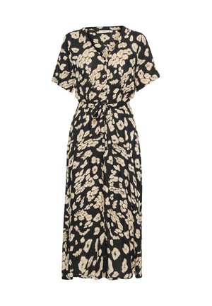 Czarna sukienka w kwiaty z dekoltem w serek, krótkimi rękawami i paskiem w talii. Wykonana z lekkiego materiału z beżowymi abstrakcyjnymi wzorami.