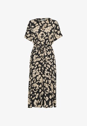 Czarna sukienka w kwiaty z dekoltem w serek, krótkimi rękawami i paskiem w talii. Wykonana z lekkiego materiału z beżowymi abstrakcyjnymi wzorami.