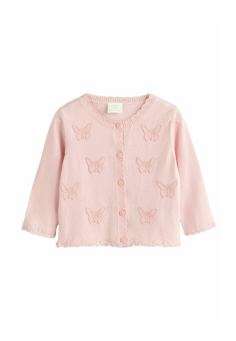 Cardigan lavorato a maglia di colore rosa chiaro con maniche lunghe, collo rotondo, chiusura a bottoni e farfalle ricamate. Orlo a scallop e dettagli in pizzo testurizzato.