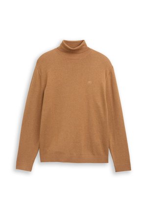 Brązowy sweter typu golf wykonan z miękkiej dzianiny, o luźnym kroju, długich rękawach i małym logo na piersi.