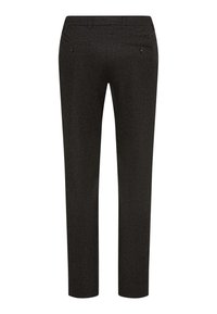 Schwarze taillierte Hose mit glatter Textur, slim fit und zwei Gesäßtaschen, versehen mit subtilen Stichdetails und eleganten Nähten.