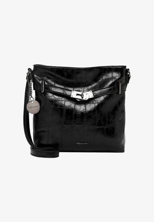 Sac bandoulière en simili cuir noir avec un motif croco texturé, quincaillerie en argent et une chaîne tressée. Doté d'une fermeture à verrou à l'avant.