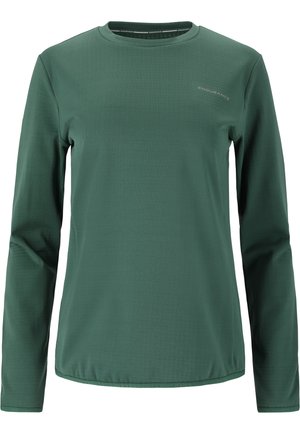 Langærmet grøn atletisk T-shirt lavet af glat stof, med runde halsudskæring og et diskret logo på brystet, designet til aktivt brug.
