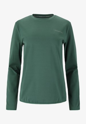 Langsleeve groene sportshirt van gladde stof, met een ronde hals en een subtiele logo op de borst, bedoeld voor actieve kleding.
