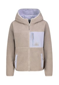 Beige fleece hoodie with a textured exterior, pink lining, zippered chest pocket, and white accents. Features a full zipper and hood.