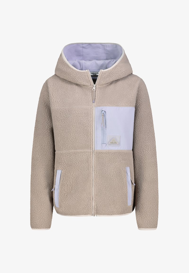 Beige fleece hoodie with a textured exterior, pink lining, zippered chest pocket, and white accents. Features a full zipper and hood.