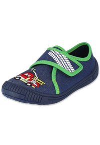 Blauer Stoffschuh mit grünen Akzenten, ausgestattet mit einem Feuerwehrdesign und einem reflektierenden Muster. Klettverschluss für einfaches An- und Ausziehen. Gummisohle.