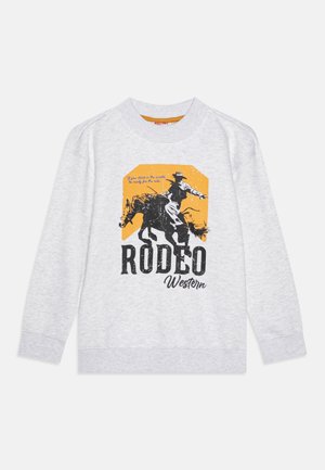 Sweatshirt cinza claro com mangas compridas, apresentando uma gráfica de rodeo em preto e fundo amarelo. O texto diz "RODEO Western." Textura de tecido suave.