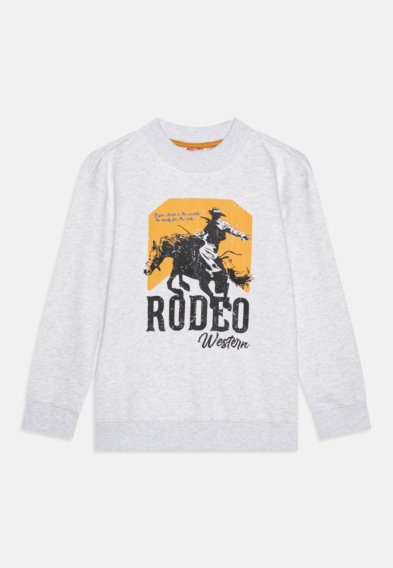 Felpa grigia chiaro con maniche lunghe, dotata di una grafica rodeo nera su sfondo giallo. Il testo recita "RODEO Western." Tessuto morbido.