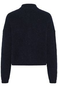 Mørk marineblå cropped genser med lange ermer, laget av et mykt, teksturert stoff med rund hals, uten synlige lukninger eller ekstra mønstre.