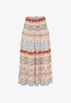 Lang plisseret nederdel med horisontale blomster- og paisleymønstre i creme, beige, lyseblå og rustrød farver.
