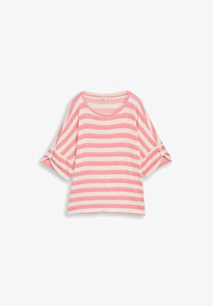 Kortärmelig roze-wit horizontaal gestreept shirt met ronde halslijn en opgerolde mouwen vastgemaakt met een knoopsluiting.