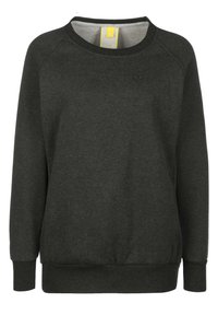 Dark gray sweatshirt with a round neckline, ribbed cuffs and hem, and subtle heart logo on the chest. Soft cotton blend material.
