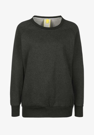 Tmavě šedá mikina s kulatým výstřihem, žebrovanými manžetami a lemem a jemným logem srdce na hrudi. Měkký materiál ze směsi bavlny.