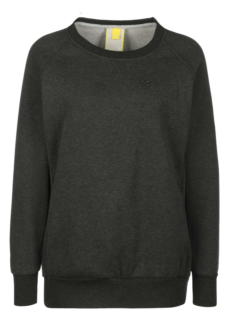 Dark gray sweatshirt with a round neckline, ribbed cuffs and hem, and subtle heart logo on the chest. Soft cotton blend material.