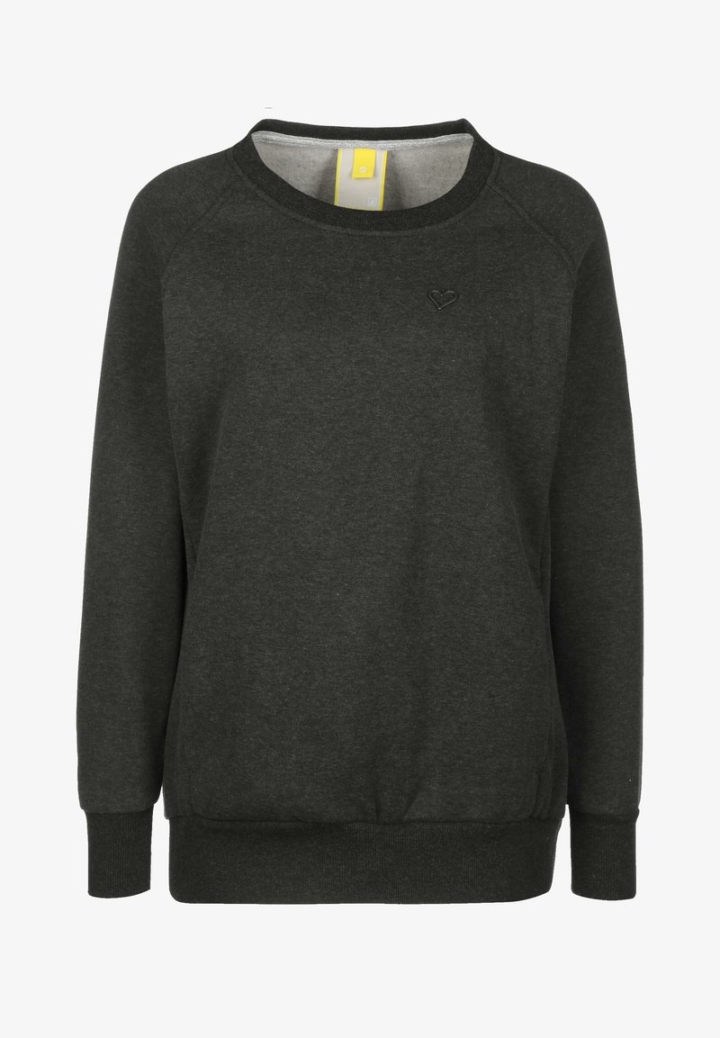 Dark gray sweatshirt with a round neckline, ribbed cuffs and hem, and subtle heart logo on the chest. Soft cotton blend material.