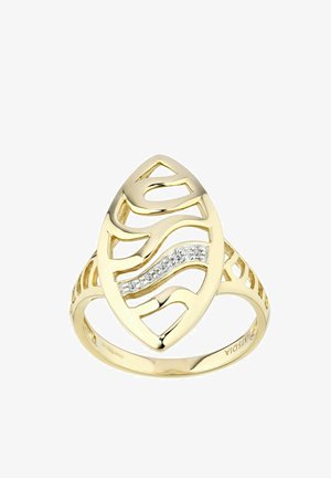 Złoty pierścionek z wydłużonym liściastym wzorem, posiadającym wycięcia, fakturowaną powierzchnię oraz rząd małych diamentów ułożonych falistym wzorem.