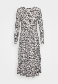 Långärmad klänning i svart med ett vitt blommönster, med rund halsringning och en utsvängd kjoldesign. Slät tygtextur.