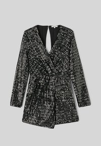 Robe mini noire à sequins avec manches longues, décolleté en V et design enveloppant. Présente une découpe profonde dans le dos et un motif de sequins texturé.