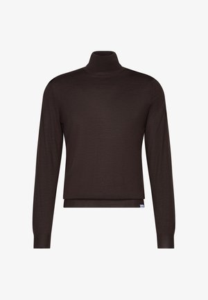 Mørkebrun langærmet rullekravesweater med ribbet manchetter og kant, vist på hvid baggrund.