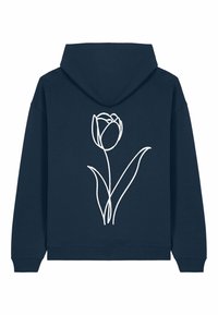 Felpa con cappuccio blu navy con un grande disegno minimalista di un tulipano bianco al centro della schiena.